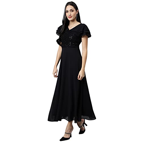 Latin Quarters Women's Black Half Sleeve Solid Maxi Dress