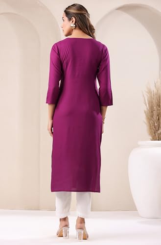 Janasya Women's Purple Rayon Embroidered Straight Kurta (JAA25KR01984-M)