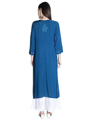 Seva Chikan Hand Embroidered Turquiose Blue Cotton Blend Lucknowi Chikankari Women's Kurta Kurti -(4114_ Turquiose Blue_2XL)