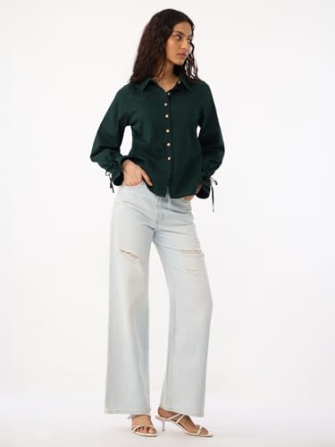 The Souled Store Myrtle Women and Girls Full Length Spread Collar Dark Green Solid Cotton Linen Regular Fit Breathable Lightweight All-Season Shirt for Casual