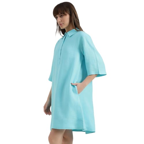 United Colors of Benetton Regular Fit Spread Collar Solid Dress (Size : XL) - 26P4WVNDR301ITQ1 Turquoise