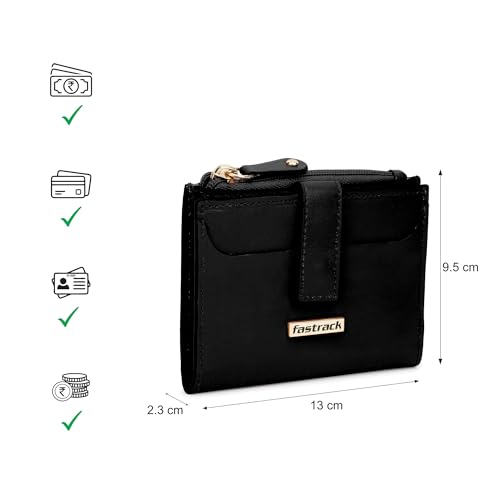 Fastrack Black Two-Fold Wallet | Faux-Leather Women’s Wallet | Compact Design with Card Slots & Zippered Pocket