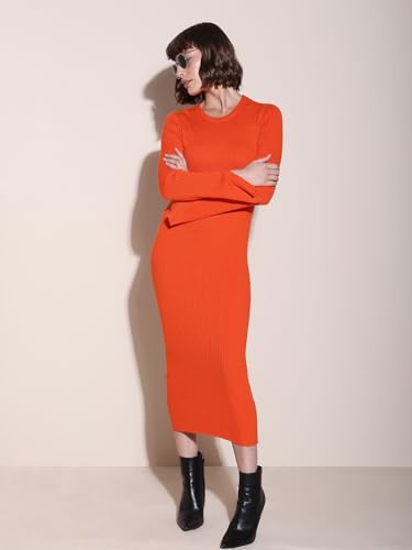 VERO MODA Women Textured Viscose Midi Orange Bodycon Dress