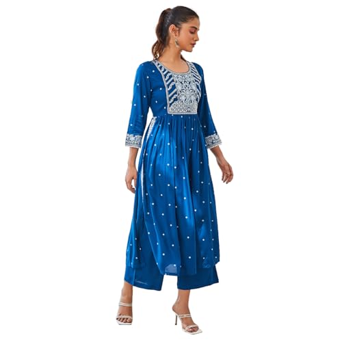 Rangriti Women Viscose Printed Straight Suit Set (DORI19025SS24IND_Blue