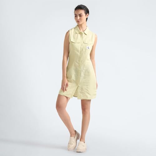 Calvin Klein Linen Green Solid Shirt Collar Sleeveless Women Shirt Dress (XS)