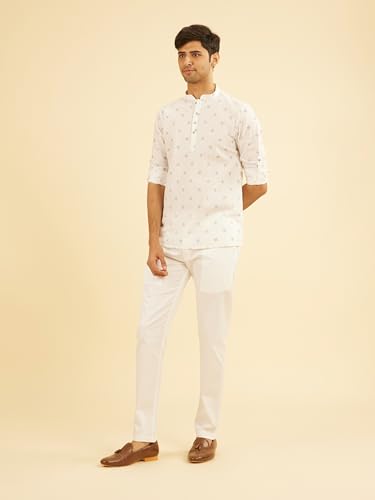 Manyavar Men's Cotton Blend Printed High Neck Short Kurta (White,XXXL)