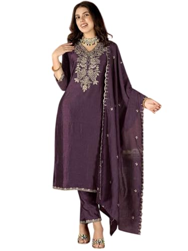 VARNI FABRICS: A lady's First Love Women's Wine Vichitra Embroidered Kurta With Pants And Embroidered Dupatta, Ethnic Salwar Suit Set (IN, Alpha, M, Regular)
