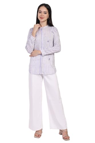 W for Woman White Striped Printed Thread Embroidered Straight Top - (WST31377-116511-XS)
