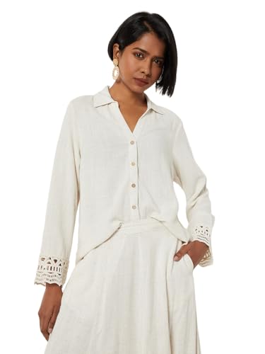 Max Women Lace Embroidered Regular Fit Shirt (Beige_M)