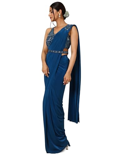 Soch Womens Teal Nylon Blend Saree With Sequins