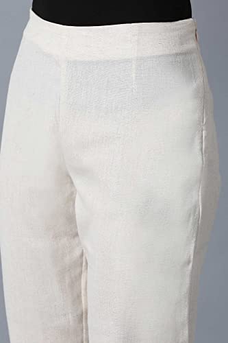W for Woman White Solid Mid-Rise Cotton Flax Slim Pants (Size: 3XL)-WCR60151-211345