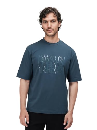 RARE RABBIT Men's Ovem Dusky Teal Cotton Blend Graphic Print Qlo Fit Half Sleeve Crew Neck T-Shirt