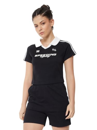 Max Women Striped Johnny Collar T-Shirt (Black_XL)