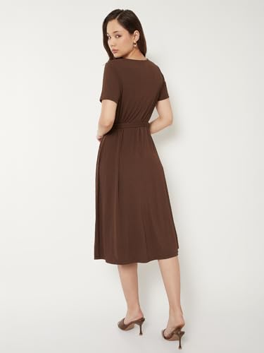 Max Women Textured A-line Belted Dress (Brown_XL)