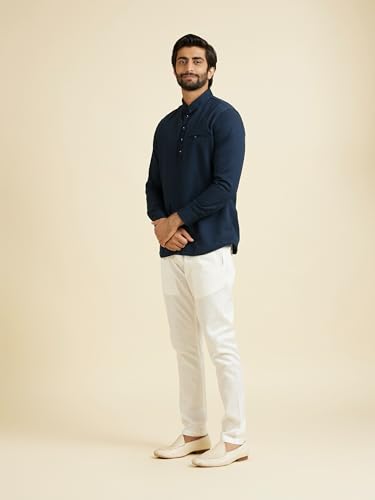 Manyavar Men's Cotton Bandhgala Collar Short Kurta(Dark Blue,M)