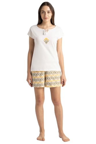 Van Heusen Women Round Neck Lounge T-Shirt and Shorts Set - Cotton - Short Sleeves,Elasticized Waistband_Lilly White_XXL