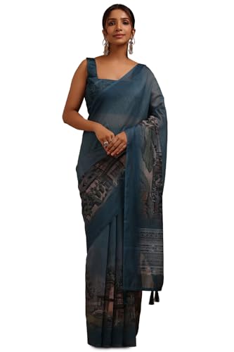 Soch Womens Teal Blue Chanderi Digital Print Saree