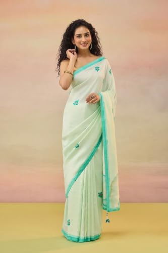 Taneira Women Light Blue Silk Bengal Hand Paint Embroidery Saree with Unstitched Blouse (SAIH06AD4380 - Light Blue)