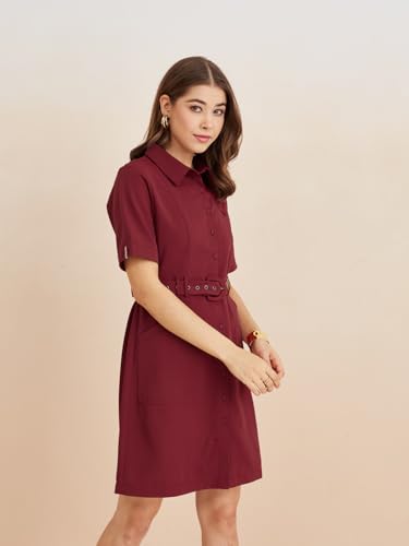 Latin Quarters Women's Maroon Collar Neck Half Sleeves Solid Casual Shirt Dress_XXL