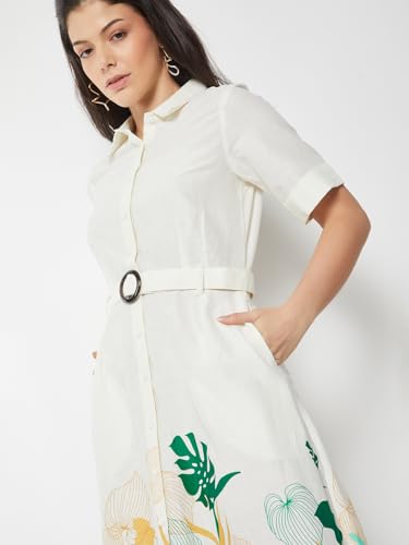 Max Women Printed Belted Shirt Dress (Off White_M)