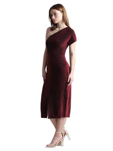 ONLY Women Solid Polyester Calf Length Maroon Bodycon Dress
