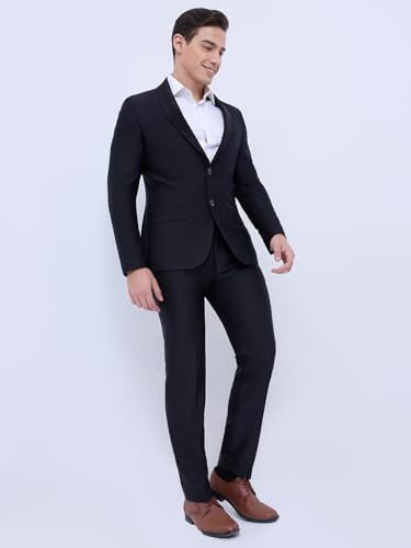 Raymond Men Slim Fit Solid Pattern Poly Rayon Blend Shawl Collar Full Sleeve Formal Suit Black