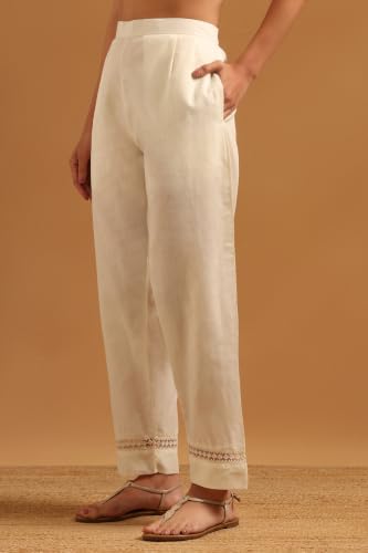 Soch Womens Mustard Linen Printed Stripes Hand Embroidery Salwar Suit