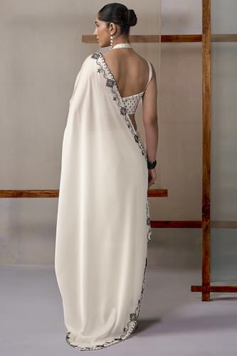 Soch Womens Off White Fendy Satin Embellished Saree With Stone Work