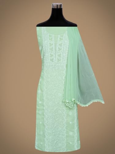 Ada Hand Embroidered Lucknowi Chikankari Unstitched Cotton Dress Material Suit Piece with Dupatta for Women 01A869278 Pistachio Green