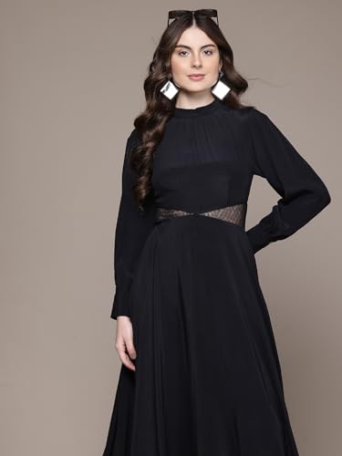 Label RITU KUMAR Round Neck Solid Long Dress Black