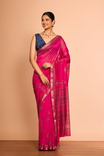 Taneira Women Pink Rajasthan Pure Silk Cotton Printed Sanganeri Saree with Unstitched Blouse Piece (SAPP01AC6734-Pink)