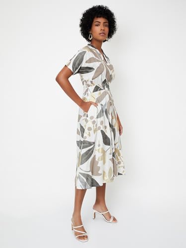 Women Printed A-Line Dress,Off White,XS