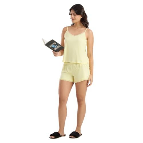 AMMARZO Women's Lace Camisole & Shorts Nightwear Set | Buttercream Yellow