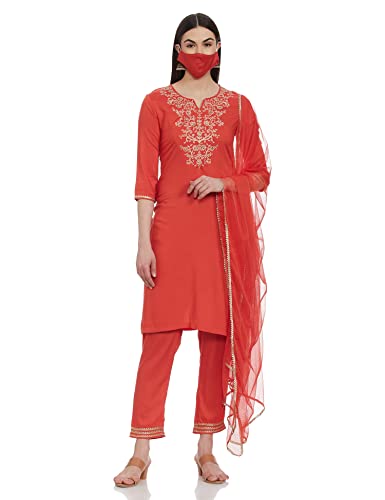 BIBA WOMEN SOLID; EMBROIDRED NARROW SALWAR KURTA DUPATTA(SKD7455E_SAFFRON_42)