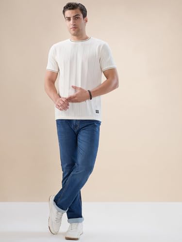 Status Quo Men's Textured Half Sleeves Round Neck Regular Fit T-Shirt with Tipping Details | 52% Cotton 48% Polyester | Off White | M