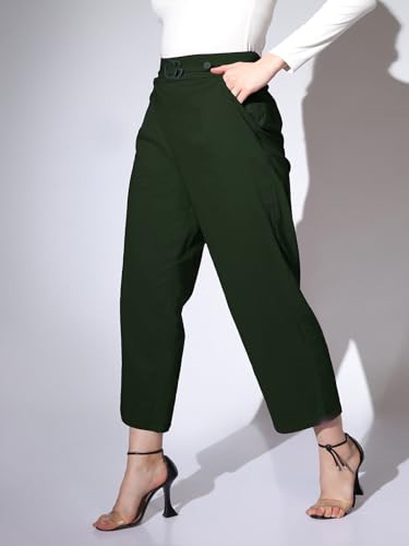 Leriya Fashion Trousers for Women || Solid Bi-Stretch Straight Trousers with 2 Front Pockets & Decorative Buckle || for Office || Casual || Professionals Wear Pleated Trousers (Medium, Green)