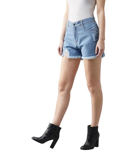 Miss Chase Women's Relaxed Fit Highly Distressed Mid Rise Ripped Denim Shorts (MCAW25DEN62-73-AAK-36, Vyntra Blue, 36)