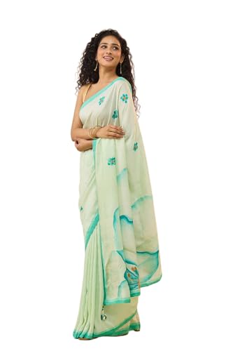 Taneira Women Light Blue Silk Bengal Hand Paint Embroidery Saree with Unstitched Blouse (SAIH06AD4380 - Light Blue)