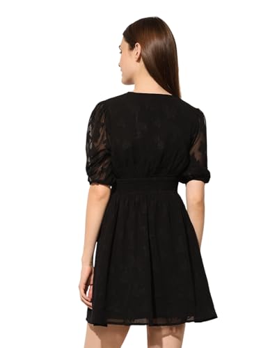 ONLY Women's Self Design Fit and Flare Black Dress