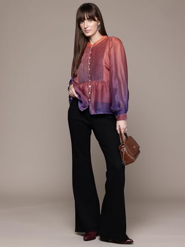 Label RITU KUMAR Band Collar Full Sleeves Ombre Top with Inner Purple