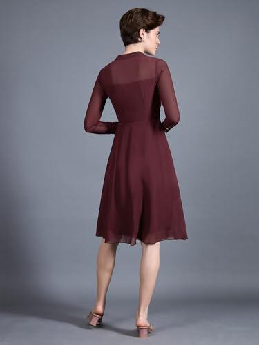 Miss Chase Women'sV-Neck Full Sleeve Fit Flare Midi Dress (MCAW24D94-99-184-02, Wine Red, XS)