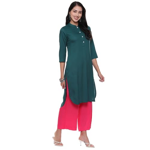 BIBA Women Solid Straight Rayon Suit Set (Green)