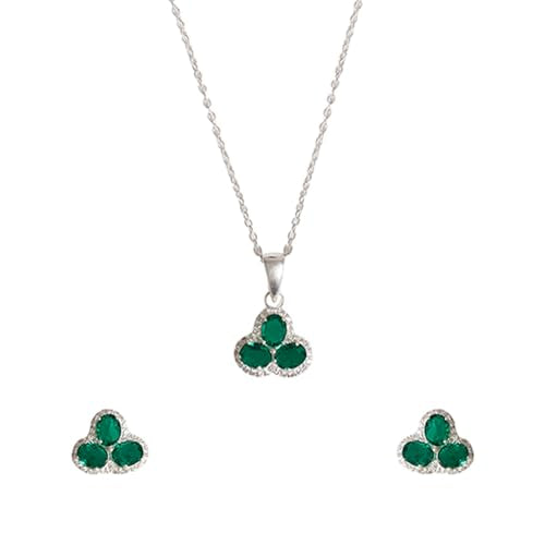 VOYLLA Oval Cut Emeralds Embellished Floral Motif 925 Sterling Silver Box Set For Women|Womens Jewellery Set|Gift For Women|Womens Gift|Gift For Her|
