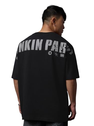 The Souled Store Linkin Park: Hybrid Theory Men and Boys Short Sleeves Round Neck Black Graphic Printed Casual Lightweight Drop Shoulder Streetwear Trendy Cotton Oversized T-Shirt