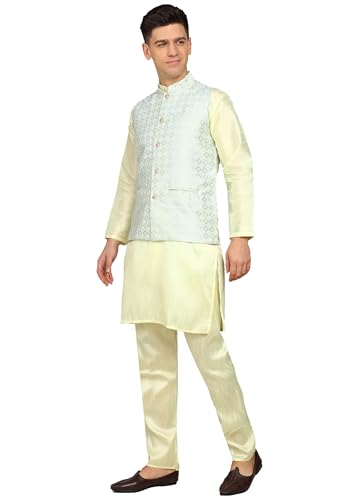 Fort Worth Men's Kurta Pyjama with Nehru Jacket - Elegant Indian Ethnic Wear for Weddings, Festivals, and Special Occasions - Traditional Sherwani Alternative, Comfortable Fabric (Lemon-36)