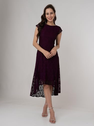 Zink London Women's Wine Colored Lace Round Neck Midi Dress