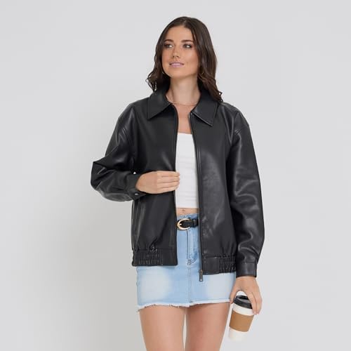 Steve Madden Leather Jacket Women – Faux Leather Oversized Bomber Jacket Women, Plus Size Motorcycle Jackets, Black, X-Large