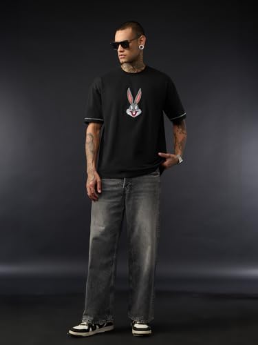 The Souled Store Looney Tunes: It's Bugs Men and Boys Short Sleeve Round Neck Black Embroidered Cartoon Casual Lightweight Drop Shoulder Streetwear Trendy Oversized T-Shirts