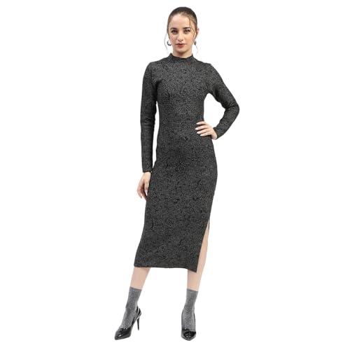 Madame Black Textured Bodycon Dress with Long Sleeves