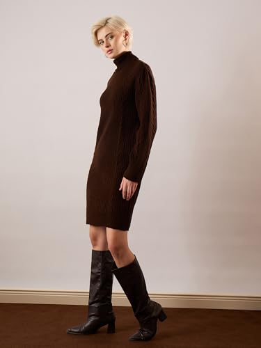 Sassafras Women Brown Acrylic Wool Turtle Neck Short Dress S
